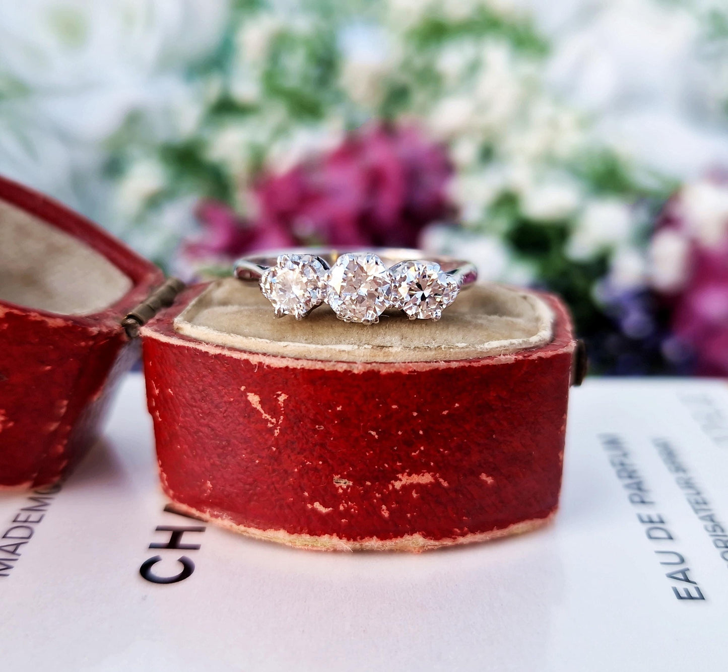 Antique Art Deco 18ct White Gold 0.94ct Diamond Trilogy Engagement Ring / Size N 1/2 or 7.75
