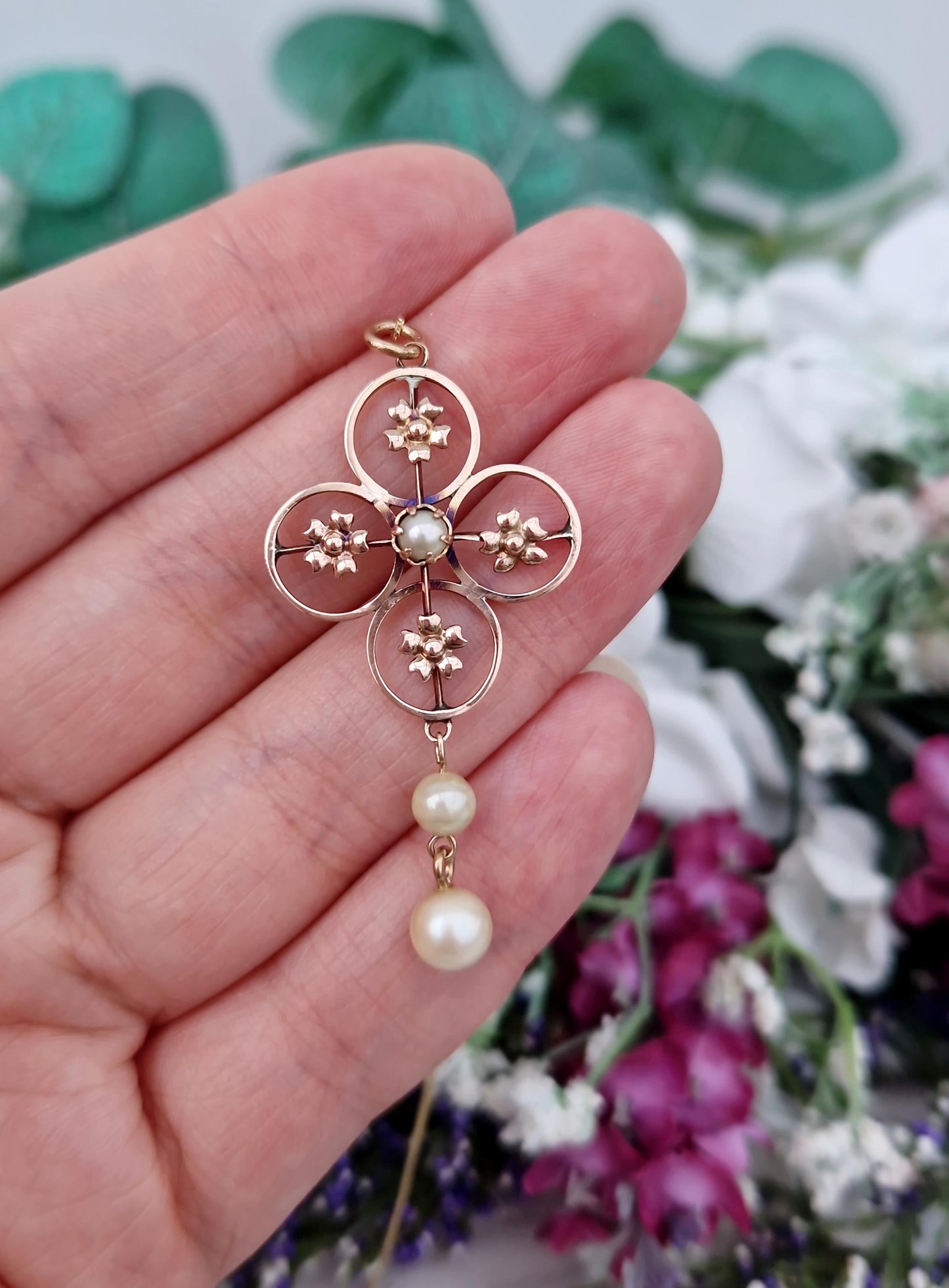 Antique Art Nouveau 9ct Gold Quatrefoil Pearl Lavalier Drop Pendant Necklace
