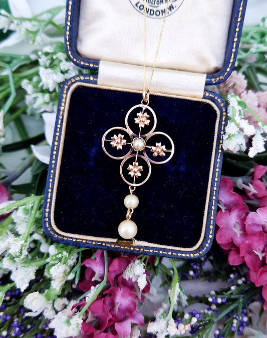 Antique Art Nouveau 9ct Gold Quatrefoil Pearl Lavalier Drop Pendant Necklace