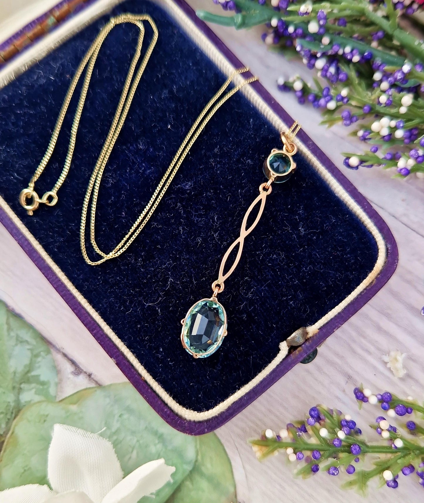 Antique Edwardian 9ct Gold Sky Blue Glass Lavalier Pendant Drop Necklace