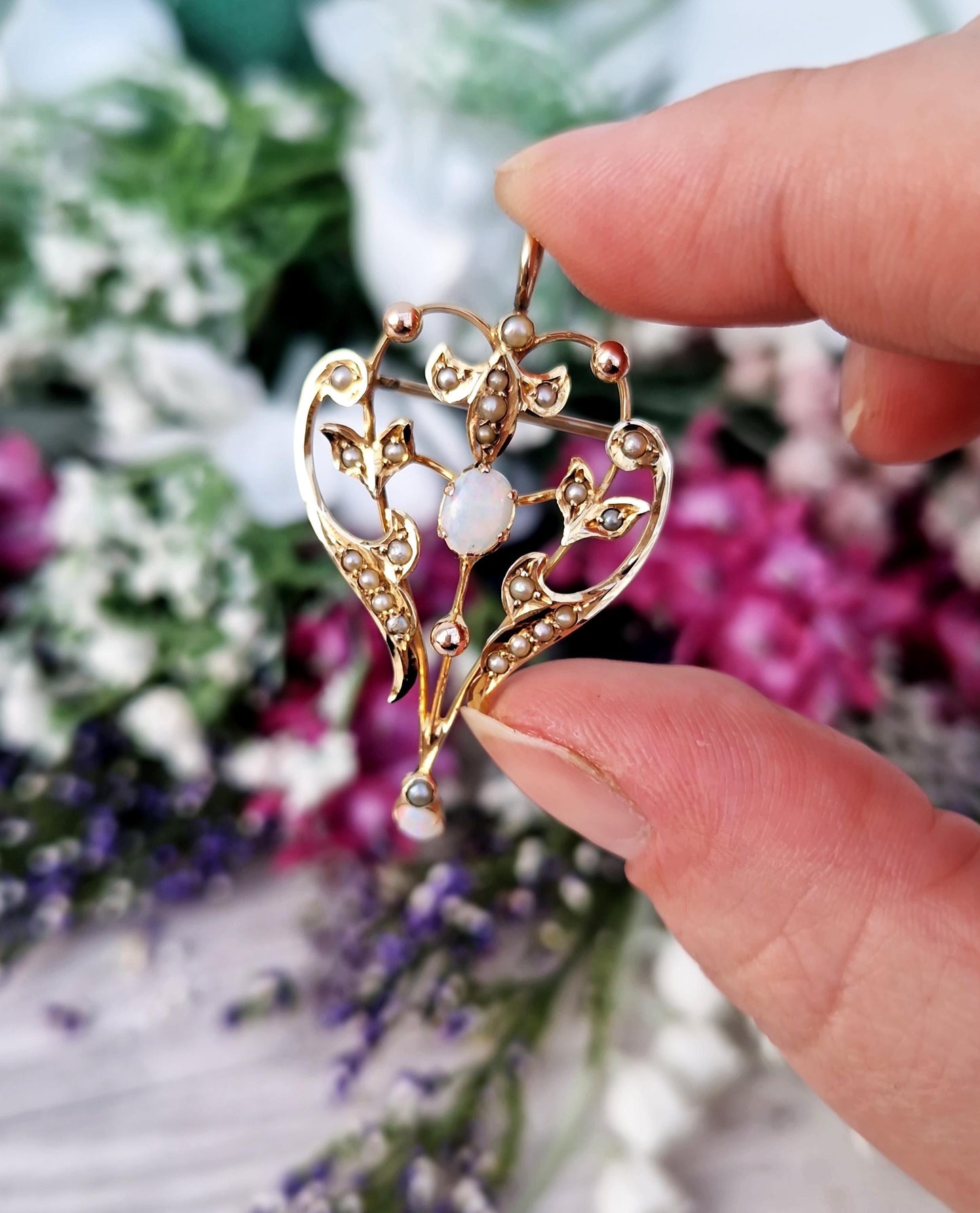 Antique Art Nouveau 9ct Yellow Gold Ornate Opal and Pearl Lavalier Pendant Brooch