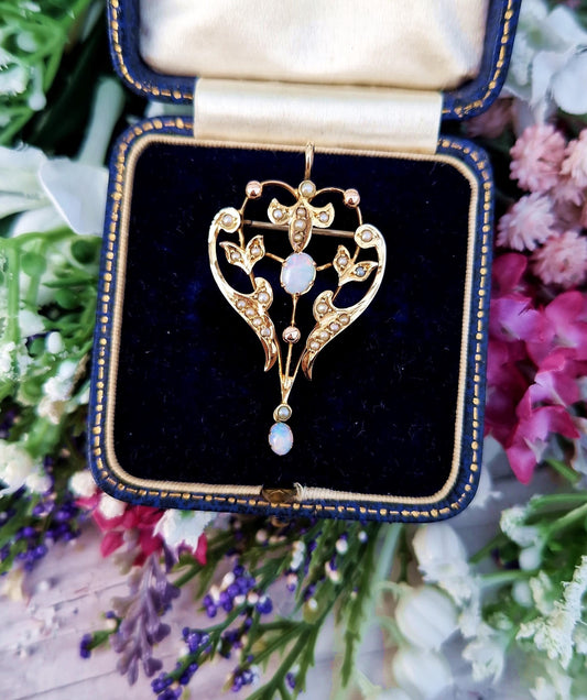 Antique Art Nouveau 9ct Yellow Gold Ornate Opal and Pearl Lavalier Pendant Brooch