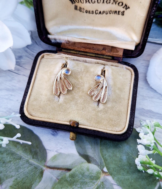 Vintage 9ct Yellow Gold Ornate Moonstone Cabochon Fan Stud Earrings
