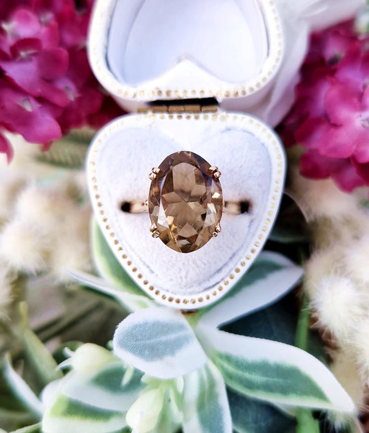 Vintage 1991 9ct Yellow Gold Smoky Quartz Statement Solitaire Ring / Size K or 5.5