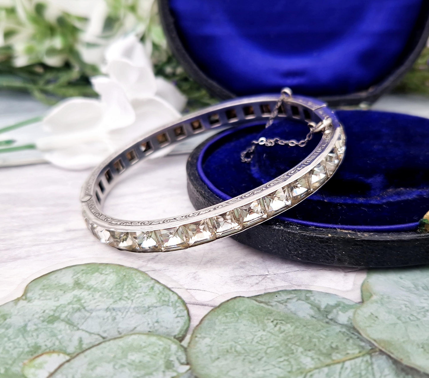 Vintage Art Deco Sterling Silver Sparkling White Glass Tennis Bangle Bracelet