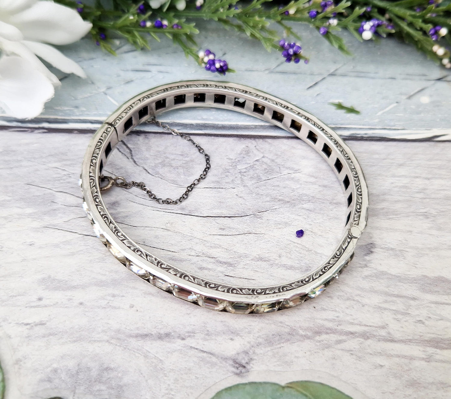 Vintage Art Deco Sterling Silver Sparkling White Glass Tennis Bangle Bracelet