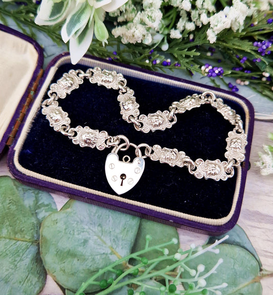 Antique Sterling Silver Ornate Decorative Lion Panel Bracelet with Love Heart Padlock 15.7grams