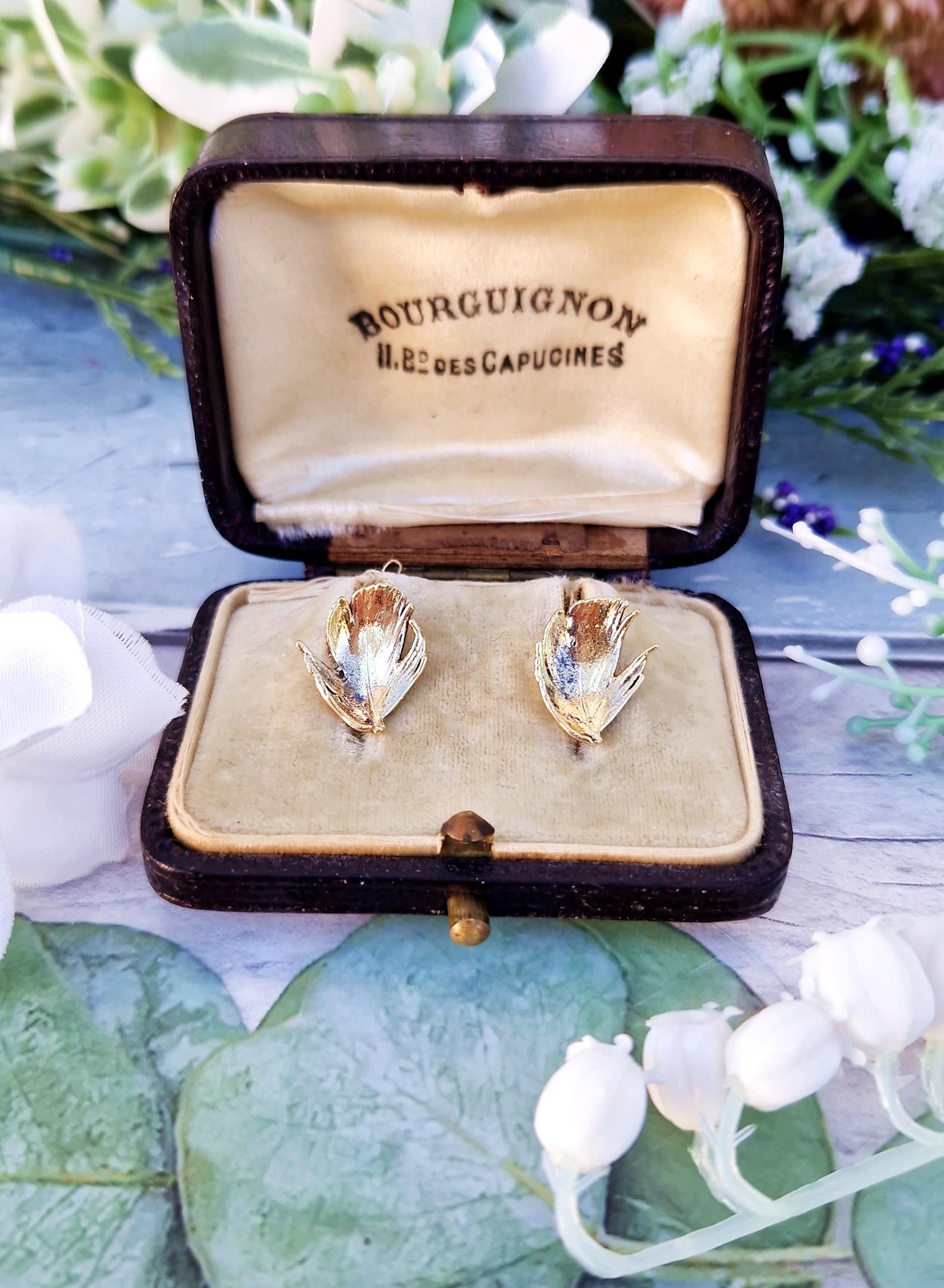 Vintage Gold on Sterling Silver Delicate Detailed Feather Stud Earrings