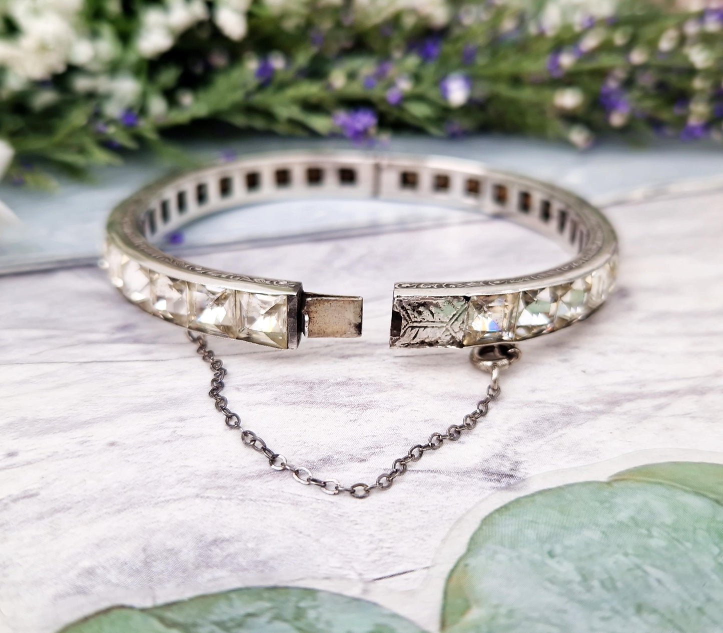 Vintage Art Deco Sterling Silver Sparkling White Glass Tennis Bangle Bracelet