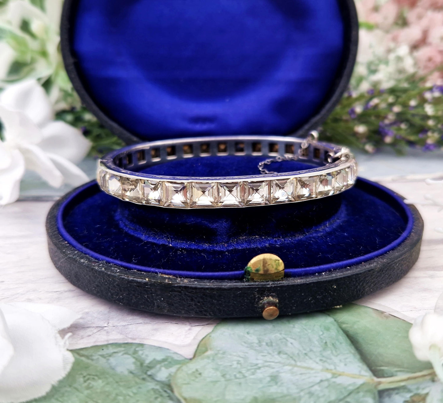 Vintage Art Deco Sterling Silver Sparkling White Glass Tennis Bangle Bracelet