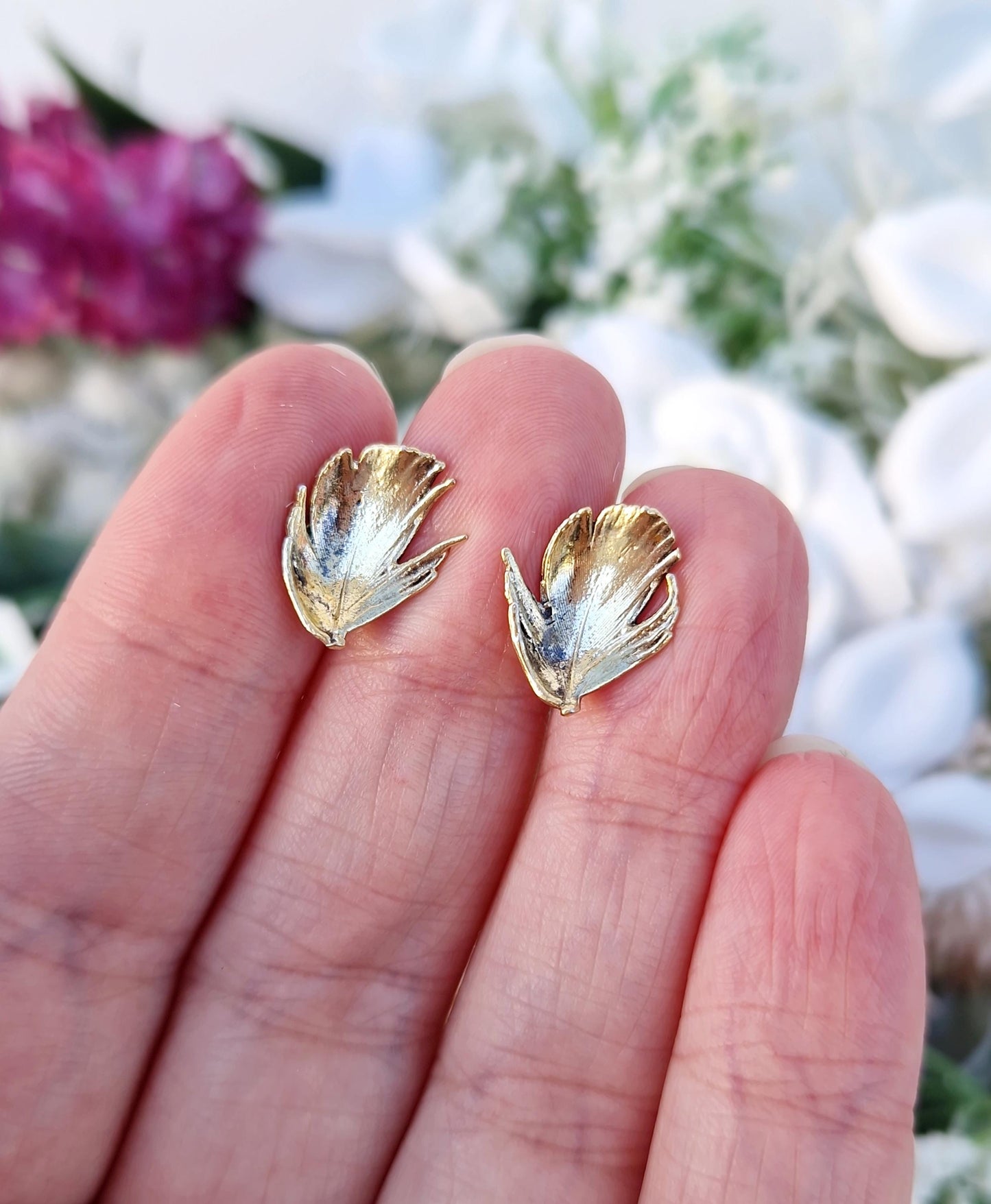 Vintage Gold on Sterling Silver Delicate Detailed Feather Stud Earrings