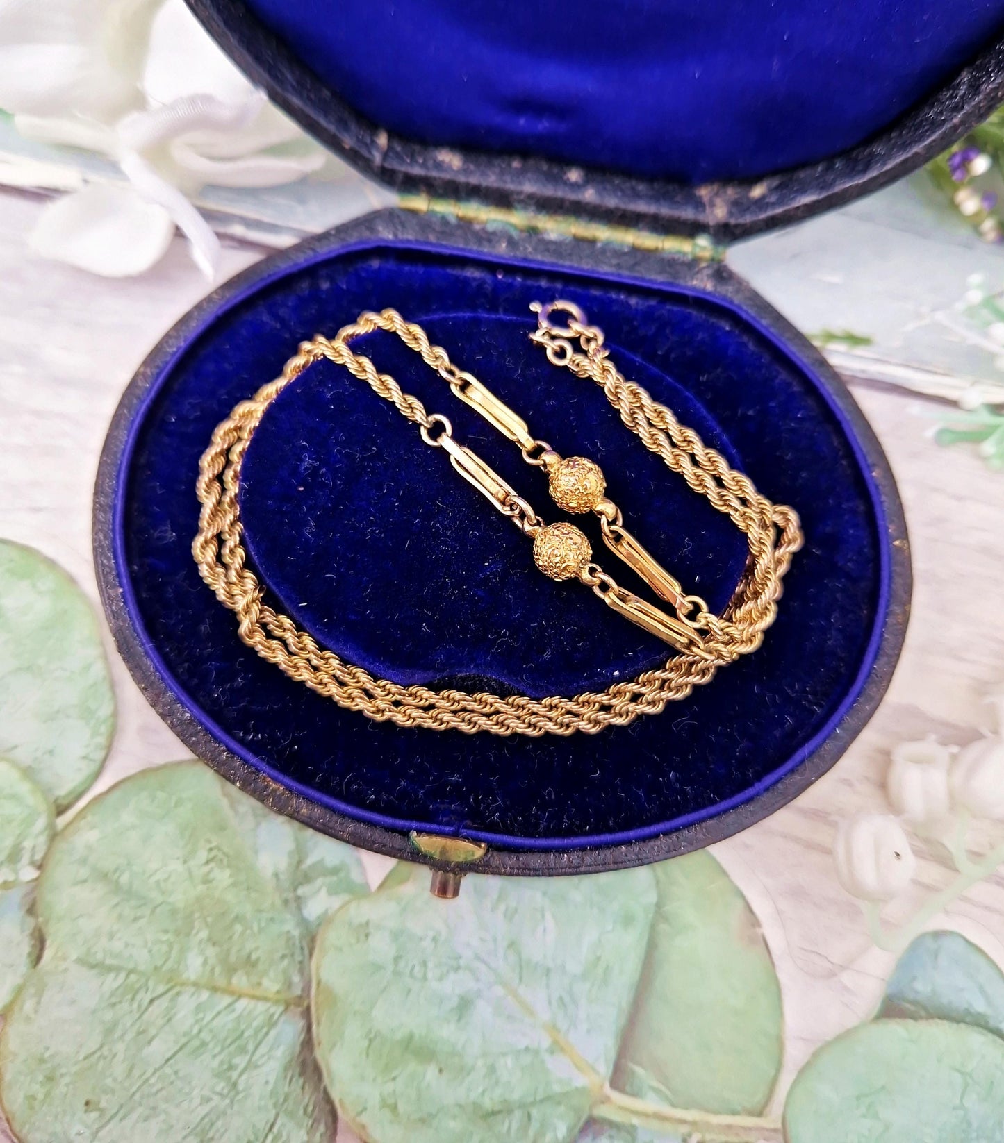 Antique Edwardian Solid 9ct Yellow Gold Fancy Ball and Rope 18.5" Necklace Chain for Pendant / 8.2 grams