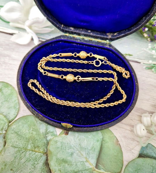 Antique Edwardian Solid 9ct Yellow Gold Fancy Ball and Rope 18.5" Necklace Chain for Pendant / 8.2 grams