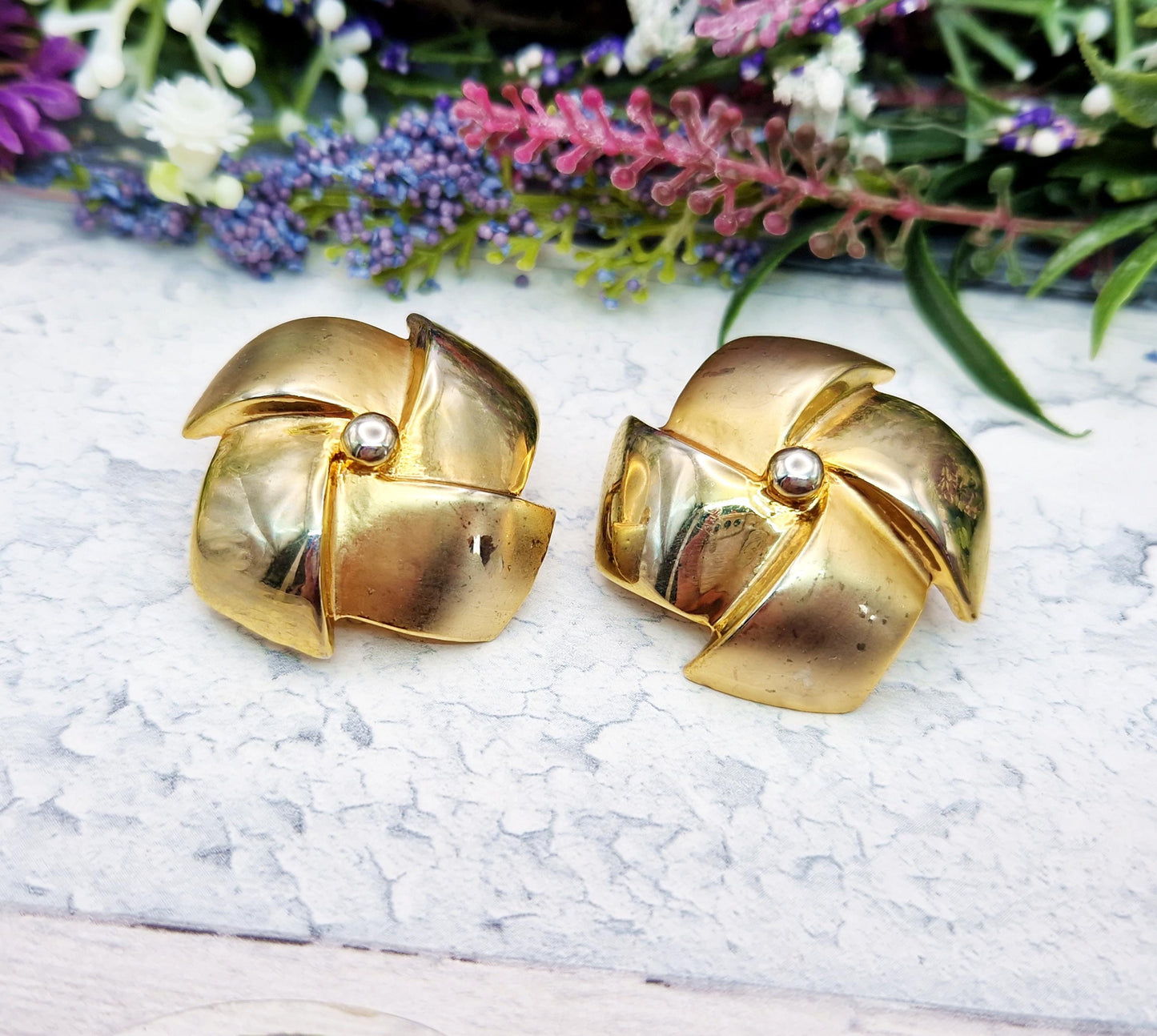 Vintage Gold Plated Huge Pinwheel Shaped Statement Clip On Earrings