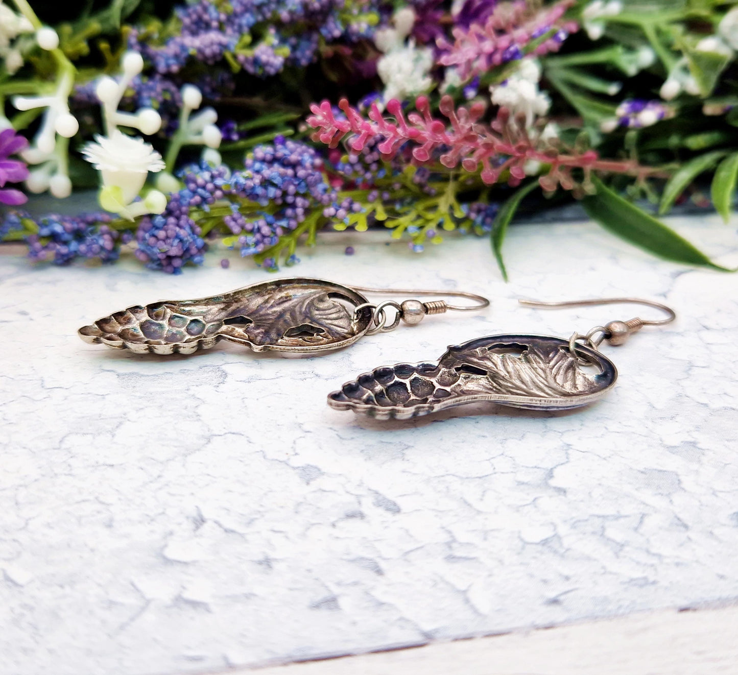 Vintage French Art Nouveau Style Repousse Silver Blackberries and Leaves Hook Drop Dangle Earrings