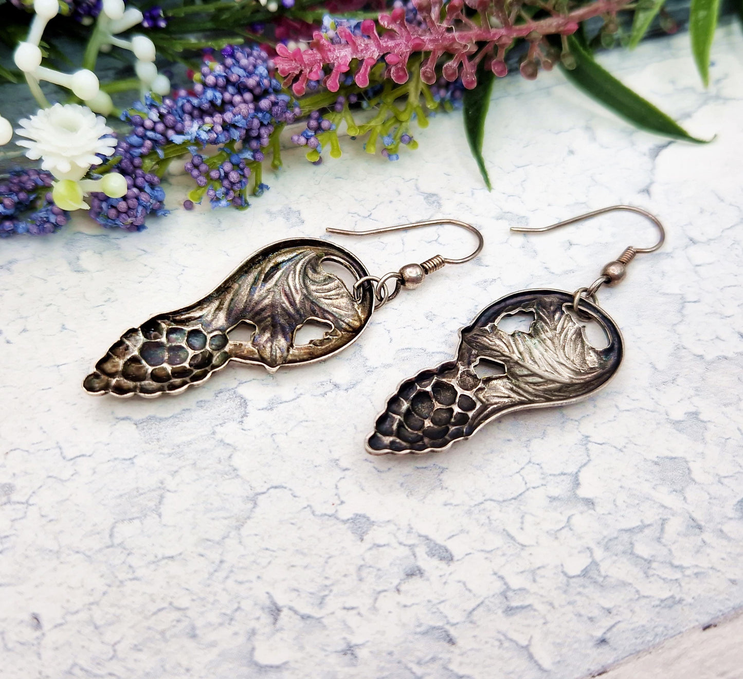 Vintage French Art Nouveau Style Repousse Silver Blackberries and Leaves Hook Drop Dangle Earrings