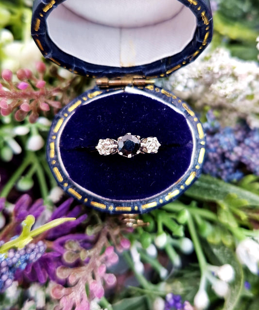 Vintage 1991 9ct Yellow Gold Classic Sapphire and Diamond Star Trilogy Ring / Size I or 4.5