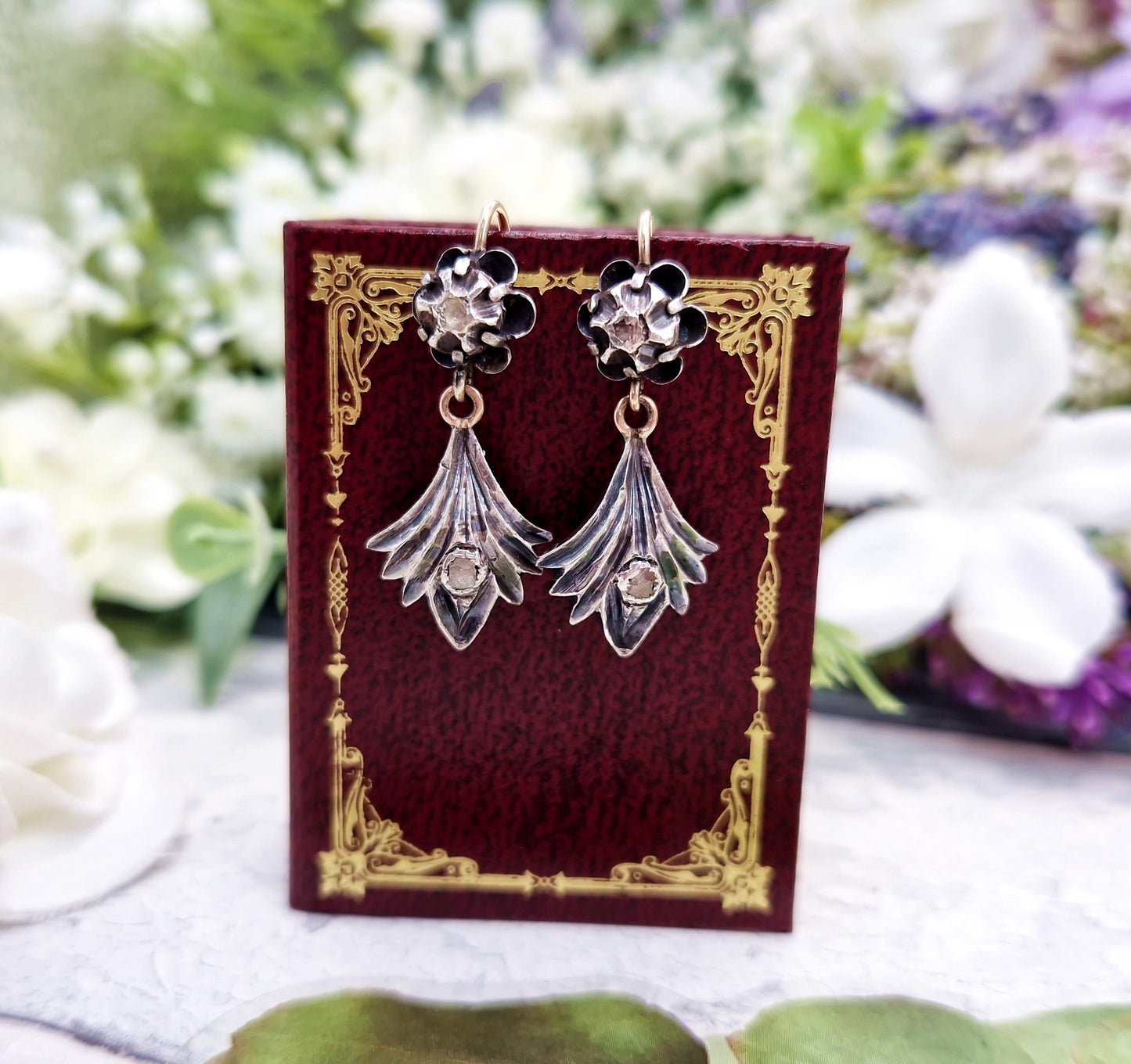 Vintage Victorian Style 9ct Gold and Silver Diamond Buttercup Hook Drop Earrings