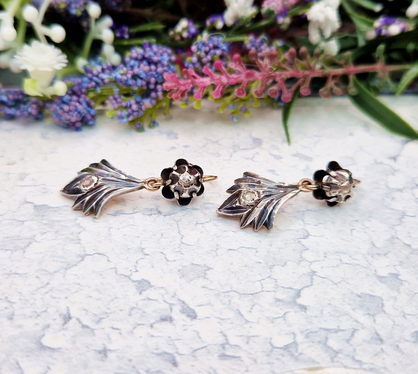 Vintage Victorian Style 9ct Gold and Silver Diamond Buttercup Hook Drop Earrings