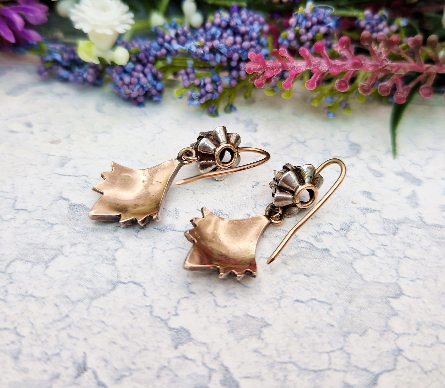 Vintage Victorian Style 9ct Gold and Silver Diamond Buttercup Hook Drop Earrings