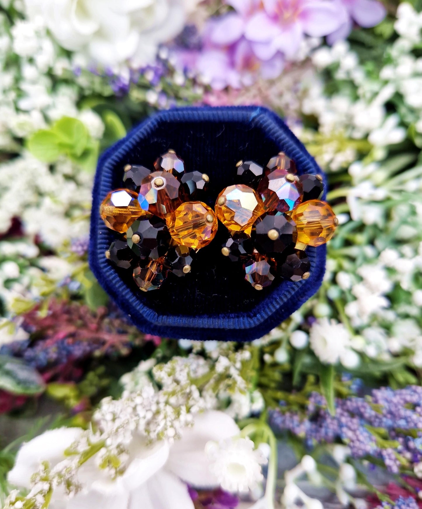 Vintage Gold Plated Sparkly Orange and Black Faceted Glass Bead Statement Clip On Earrings