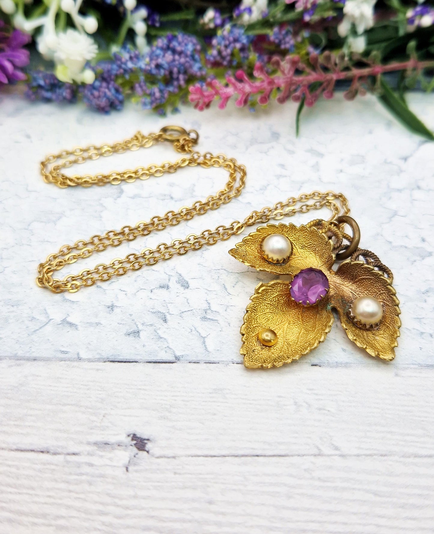 Antique Art Nouveau Gold Tone Leaf with Purple Glass and Pearls Pendant Necklace