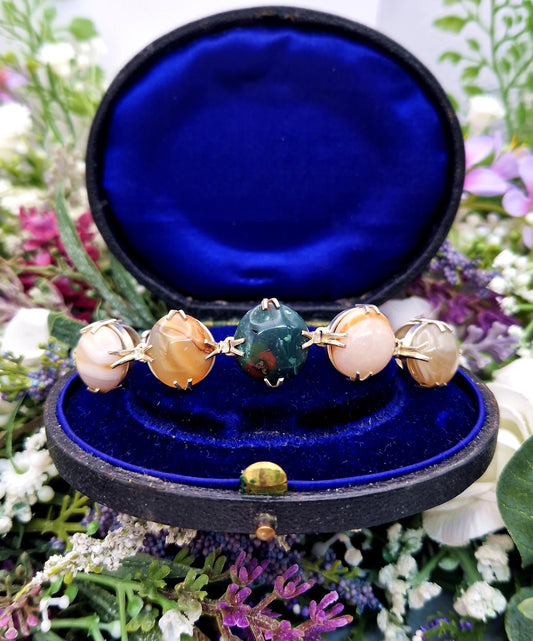 Vintage Silver Tone Colourful Earthy Green Brown and Orange Scottish Agate Cabochon Statement Bracelet
