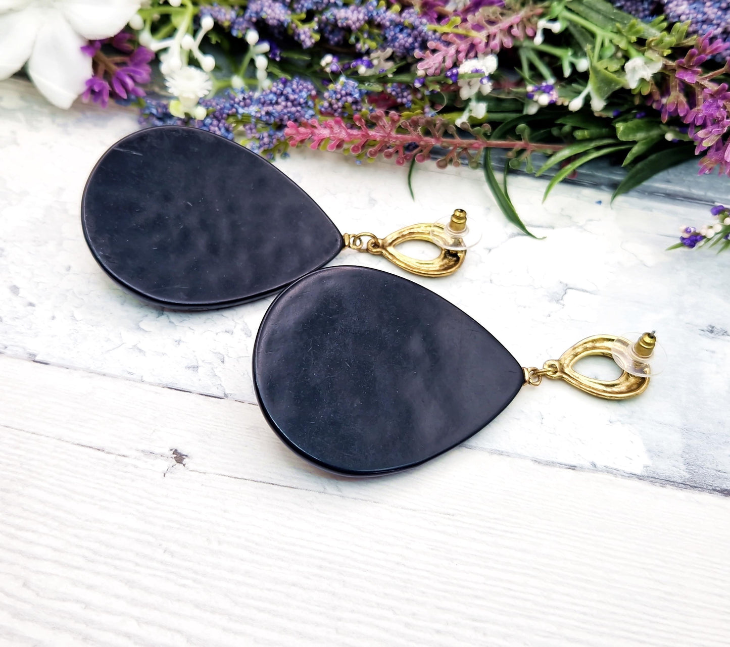 Vintage Gold Tone Huge Grey and Black Teardrop Statement Stud Drop Earrings