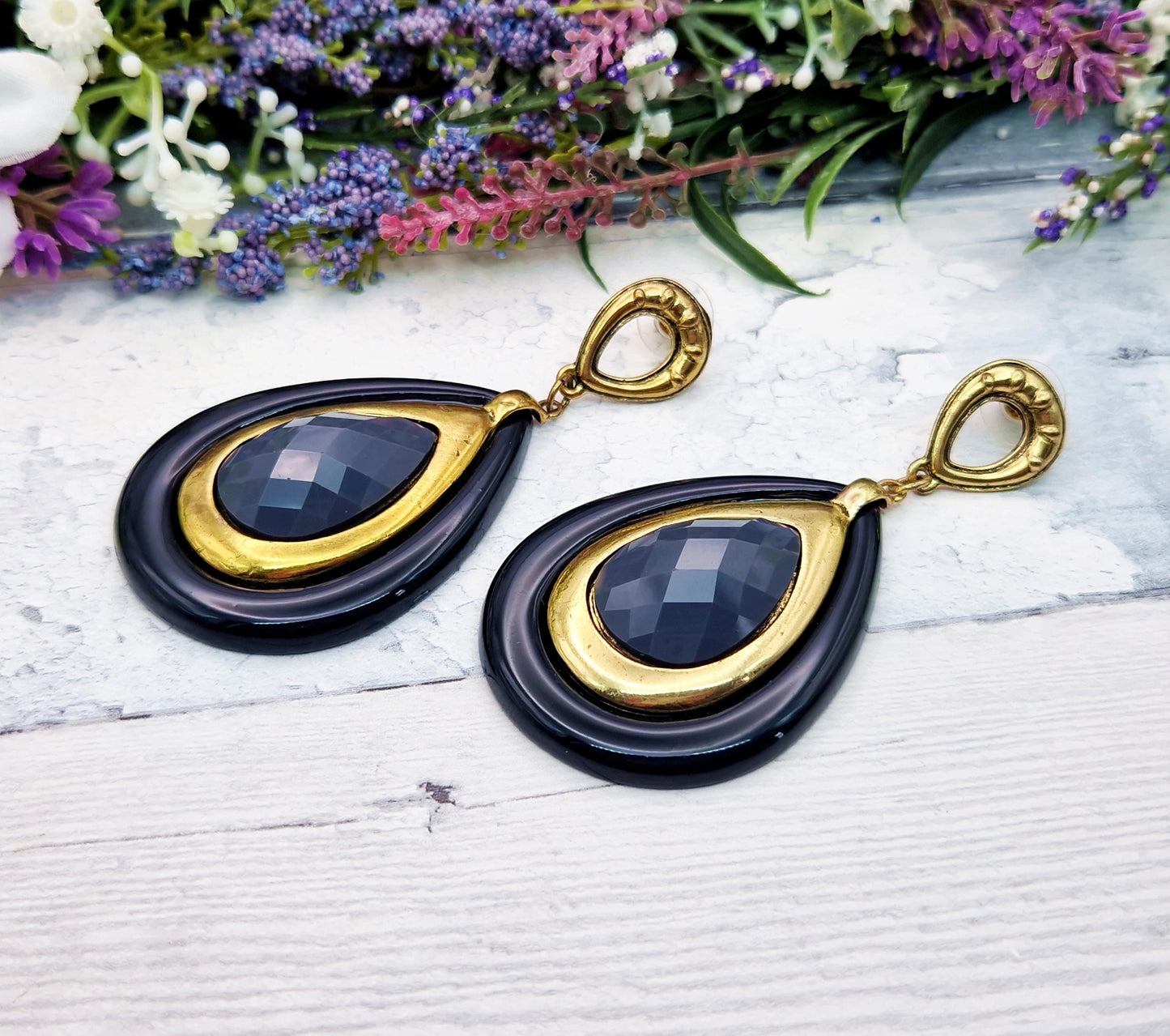 Vintage Gold Tone Huge Grey and Black Teardrop Statement Stud Drop Earrings
