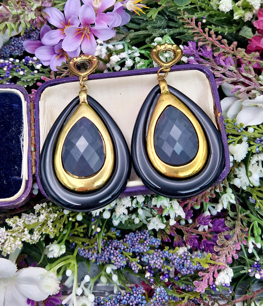 Vintage Gold Tone Huge Grey and Black Teardrop Statement Stud Drop Earrings