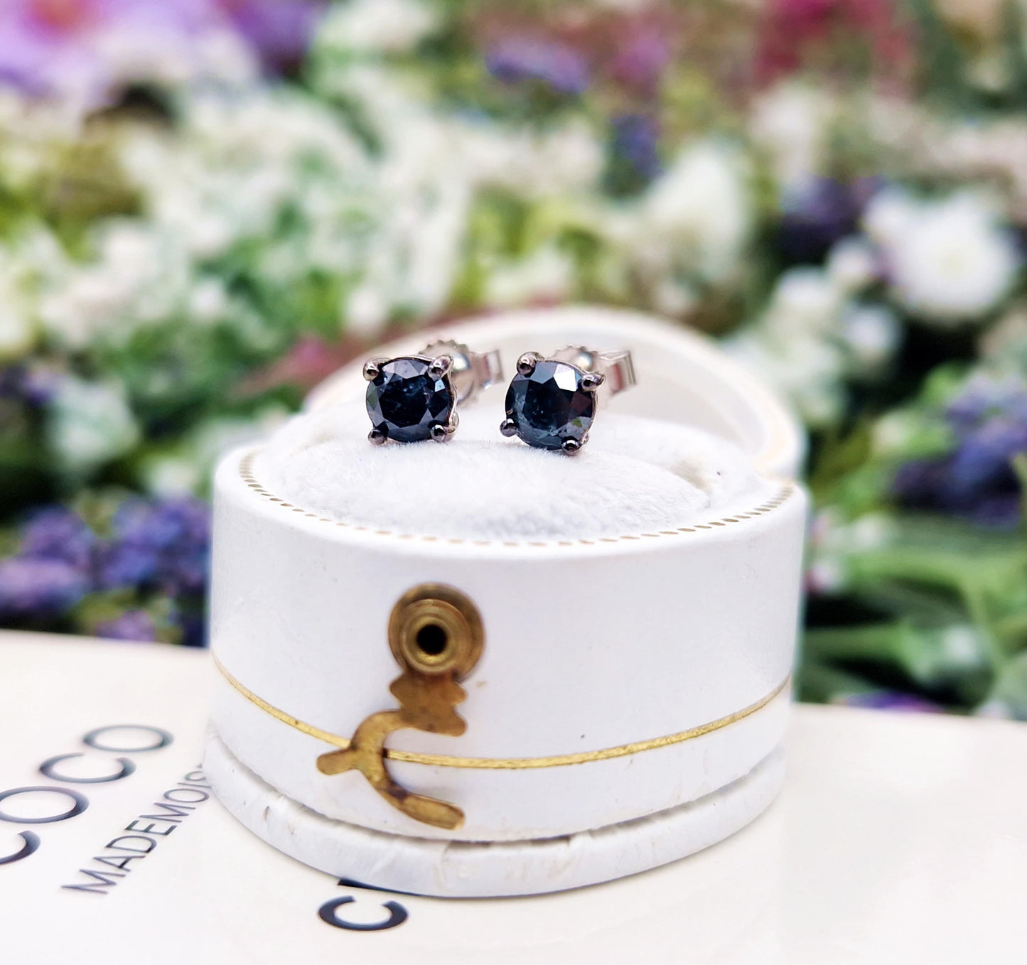 Vintage 9ct White Gold Fancy Blue Diamond Solitaire Stud Earrings 4mm 0.50cts