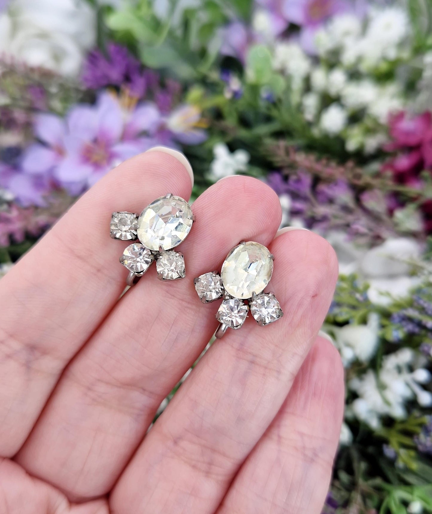 Vintage Art Deco Silver Tone Clear Foil Backs Glass Statement Fan Screw Back / Screw On Earrings