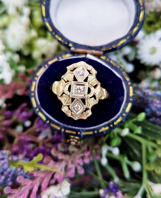 Vintage Art Deco 14ct Yellow Gold Ornate Diamond Shield Engagement Ring / Size N or 7