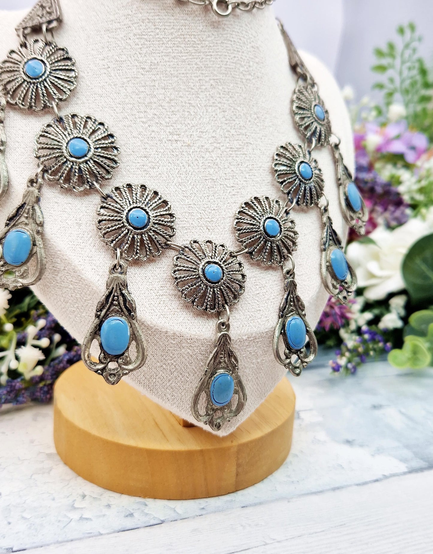 Vintage Silver Tone Amazing Turquoise Enamel Large Statement Fringed Collar Necklace