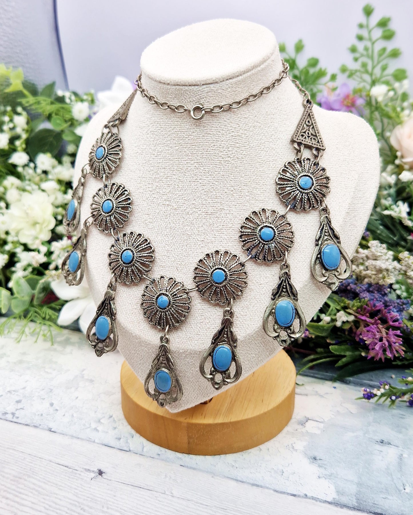 Vintage Silver Tone Amazing Turquoise Enamel Large Statement Fringed Collar Necklace