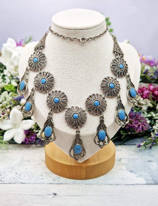 Vintage Silver Tone Amazing Turquoise Enamel Large Statement Fringed Collar Necklace