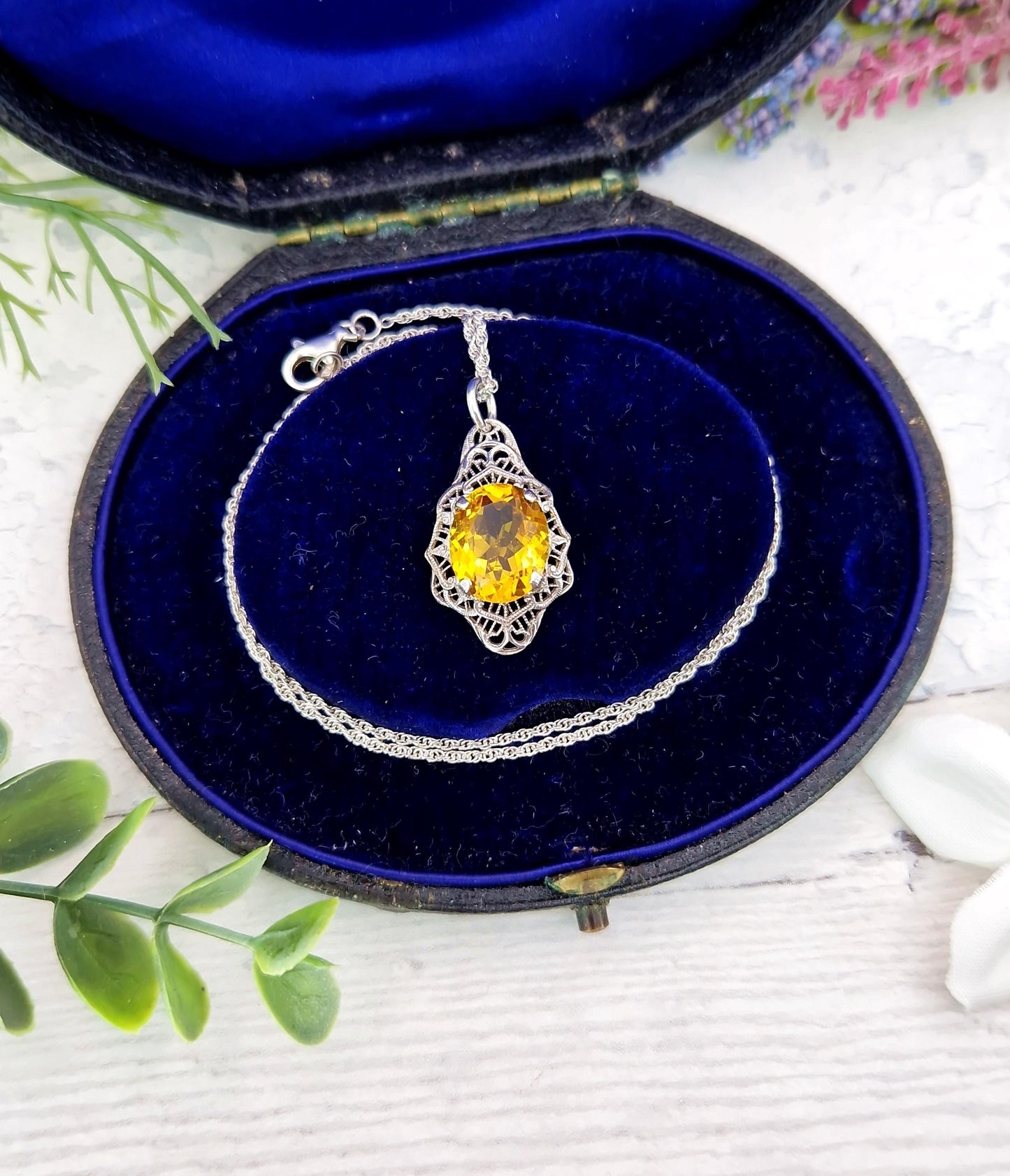 Antique Art Deco Sterling Silver Striking Yellow Stone Shield Pendant Necklace