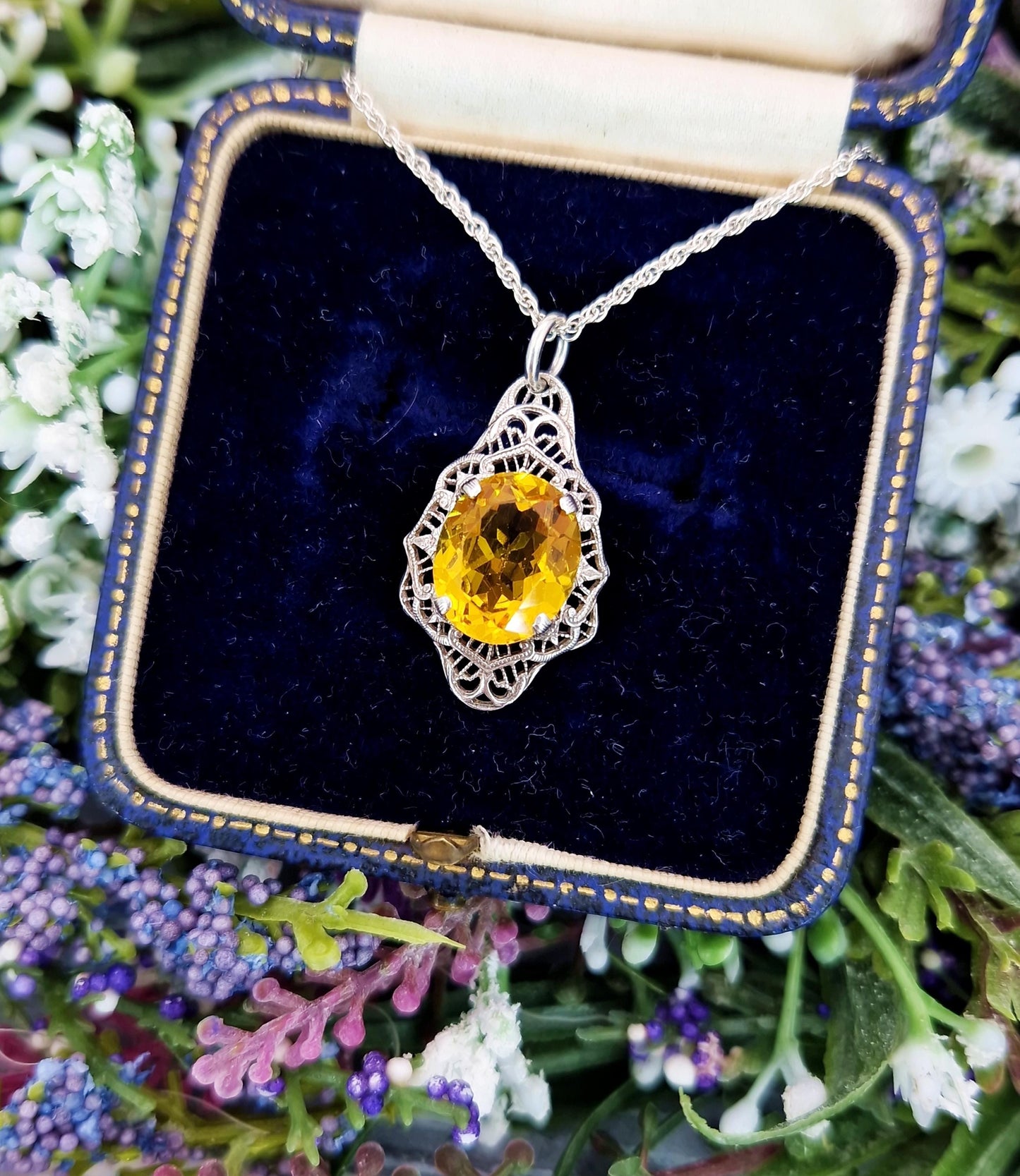Antique Art Deco Sterling Silver Striking Yellow Stone Shield Pendant Necklace