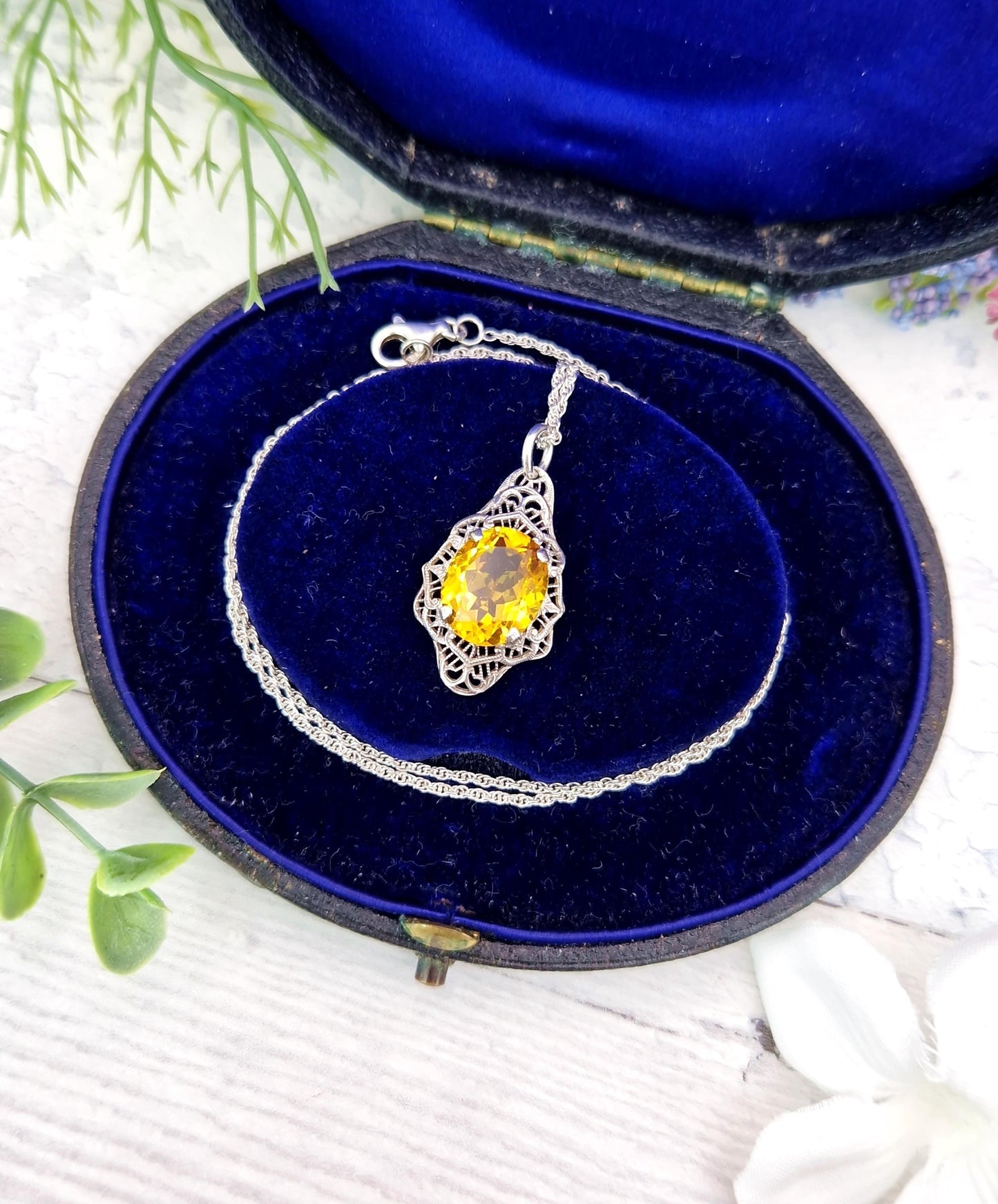 Antique Art Deco Sterling Silver Striking Yellow Stone Shield Pendant Necklace