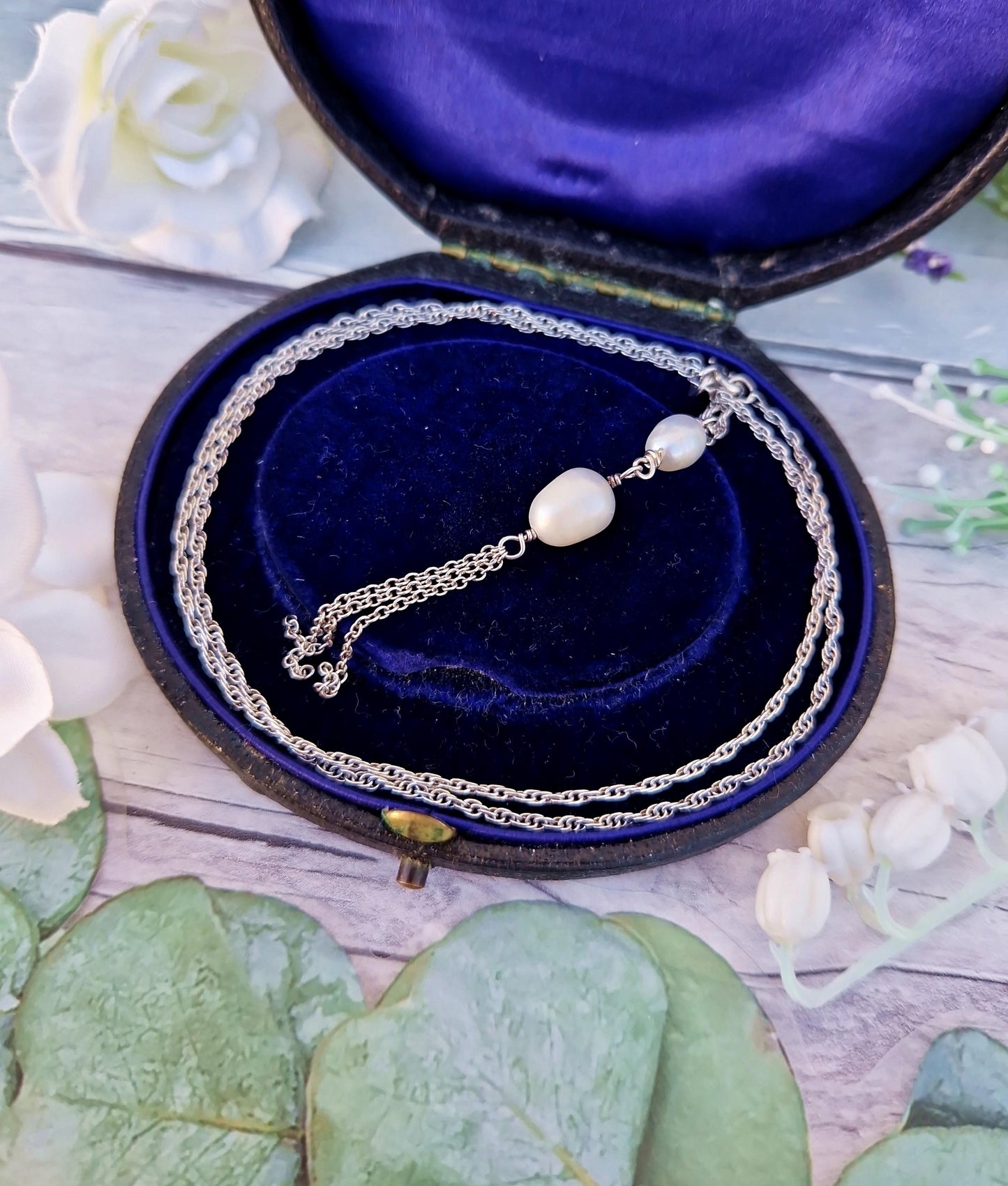 Vintage Sterling Silver Classic Double White Pearl Tassel Pendant Necklace