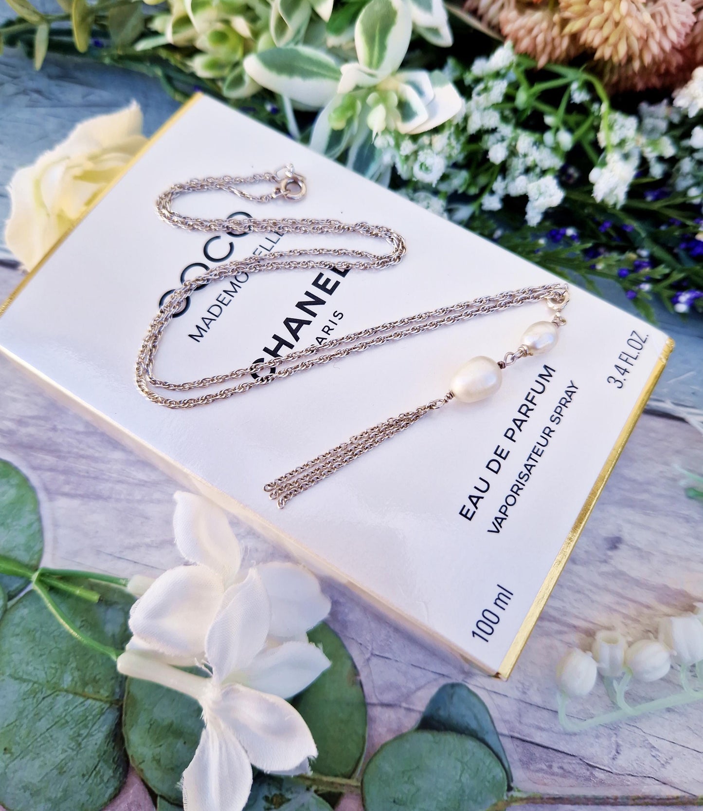 Vintage Sterling Silver Classic Double White Pearl Tassel Pendant Necklace
