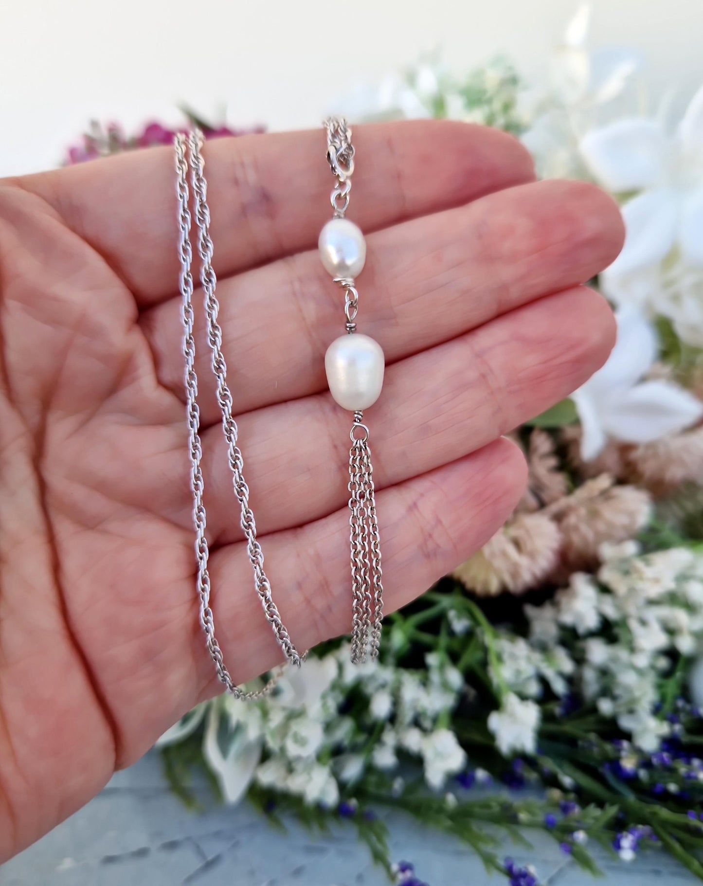 Vintage Sterling Silver Classic Double White Pearl Tassel Pendant Necklace
