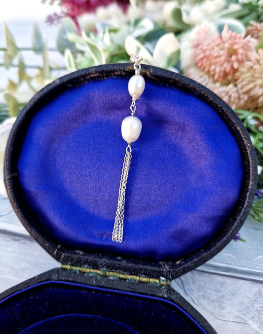 Vintage Sterling Silver Classic Double White Pearl Tassel Pendant Necklace