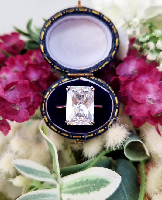 Vintage Art Deco Style Sterling Silver Radiant Cut Crystal Engagement Ring / Size O 1/2 or 7.75