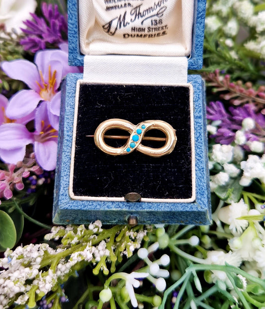 Antique Victorian 9ct Yellow Gold Miniature Turquoise Infinity Symbol Brooch Pin