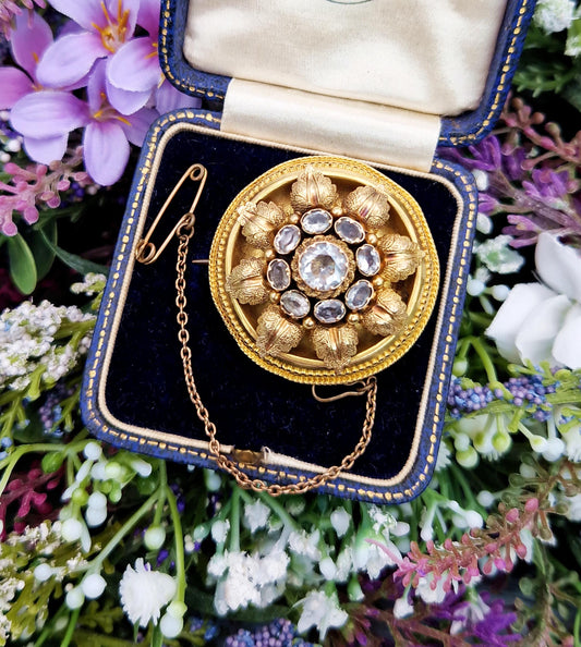 Antique Victorian 15ct Yellow Gold Repousse Leaf and Rock Crystal Glass Locket Brooch Pin