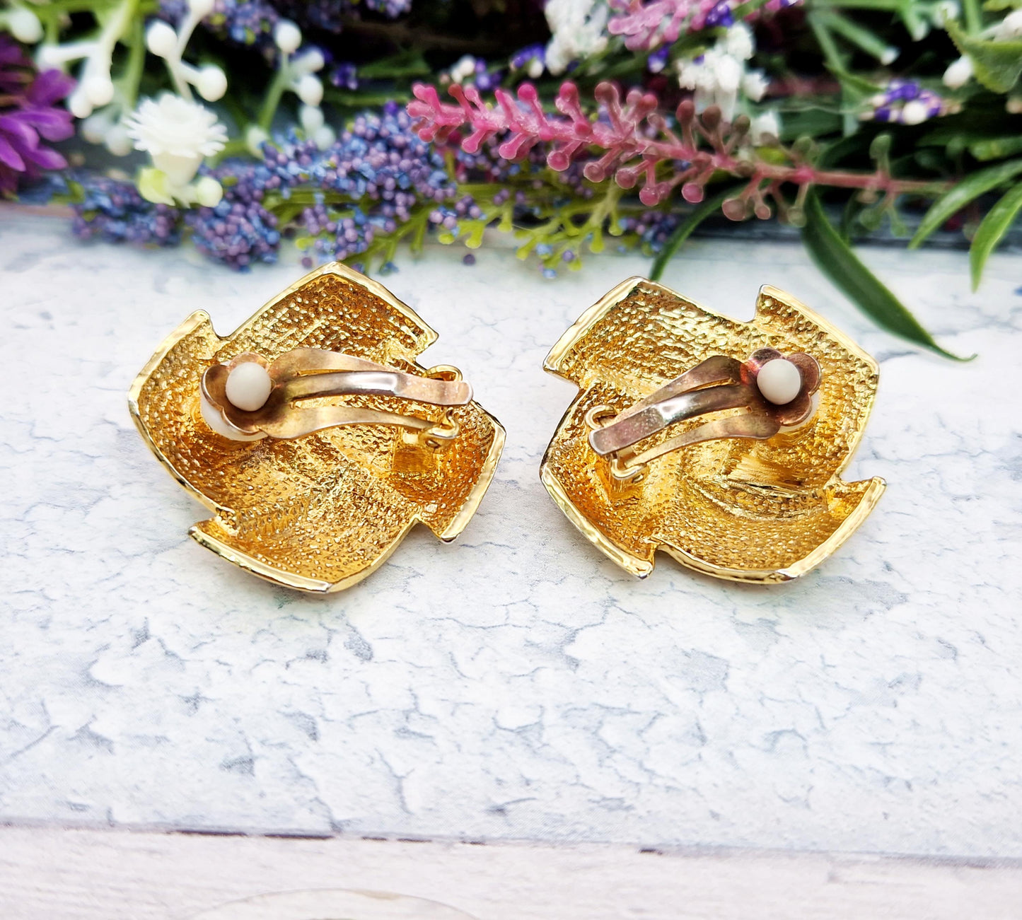 Vintage Gold Plated Huge Pinwheel Shaped Statement Clip On Earrings