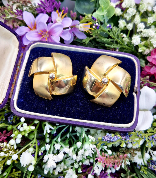 Vintage Gold Plated Huge Pinwheel Shaped Statement Clip On Earrings