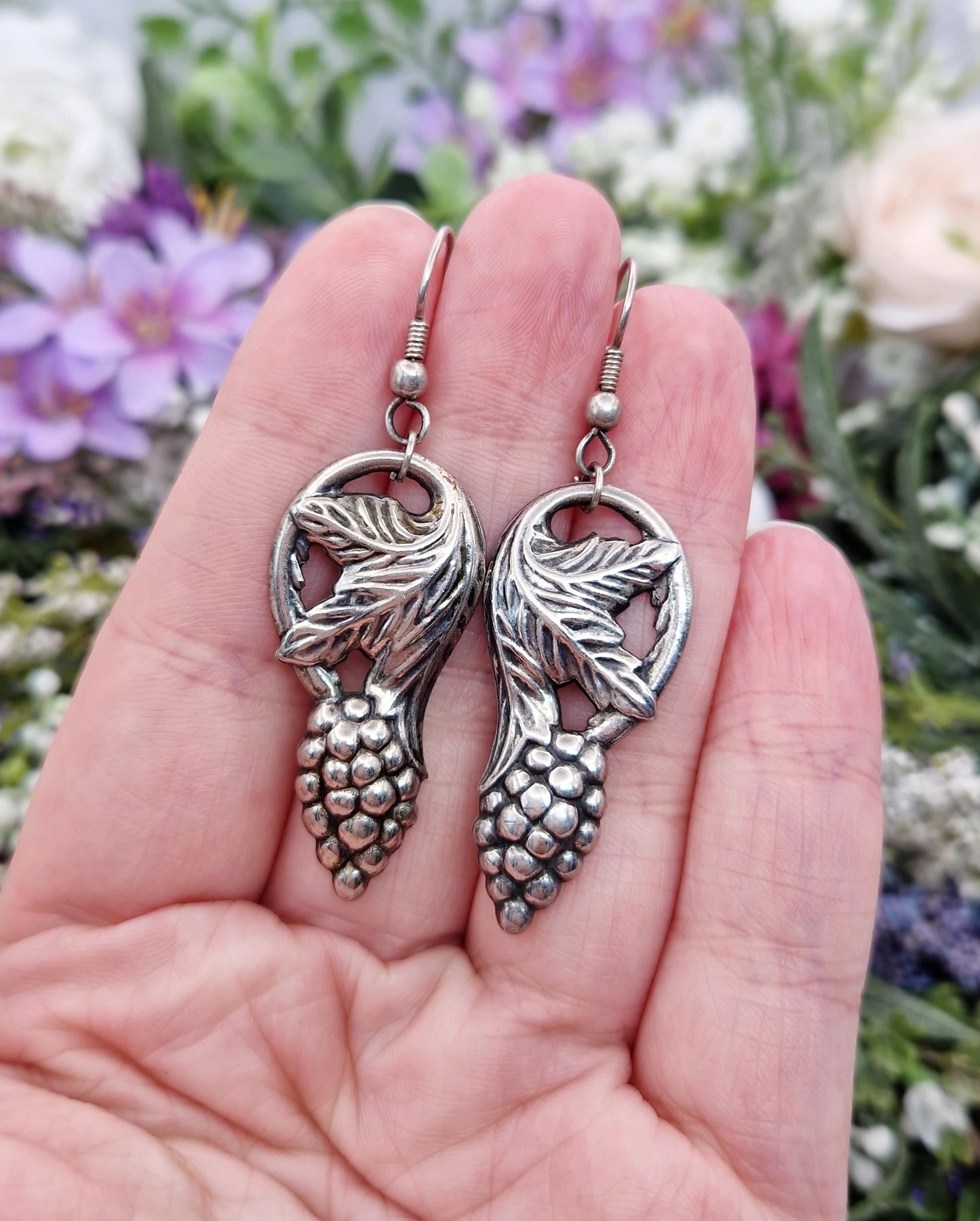 Vintage French Art Nouveau Style Repousse Silver Blackberries and Leaves Hook Drop Dangle Earrings