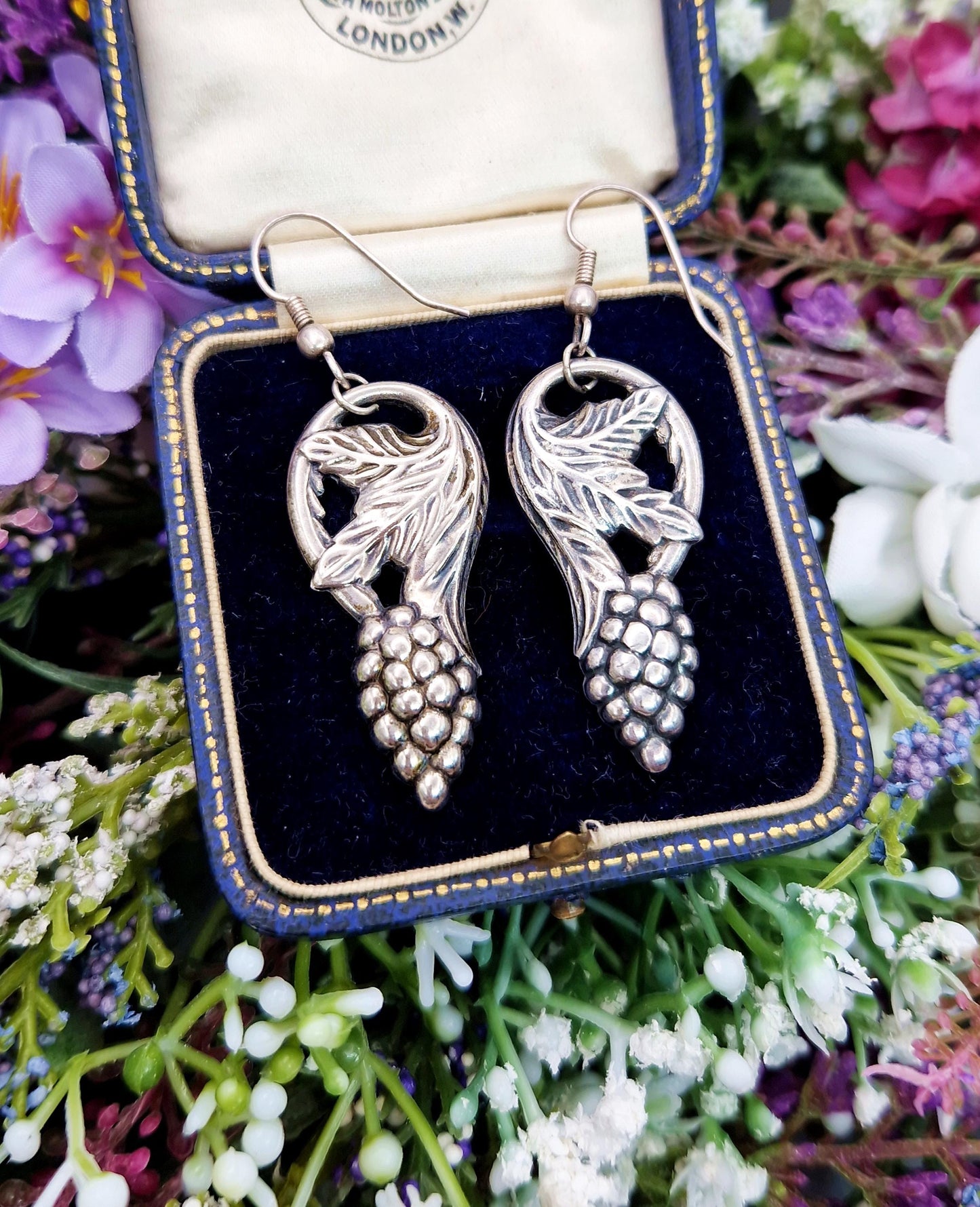 Vintage French Art Nouveau Style Repousse Silver Blackberries and Leaves Hook Drop Dangle Earrings